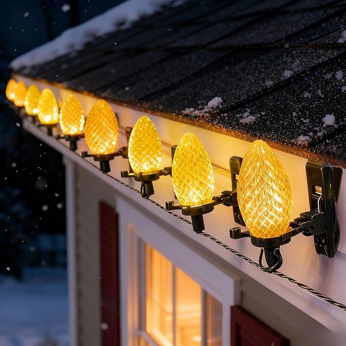 TW SHINE C9 Christmas Lights Outdoor with 100 Count Clips, 100 LED 66 FT Christmas String Lights Outdoor and Timer, Waterproof Connectable for Yard Xmas Tree House Decorations (Warm White)
