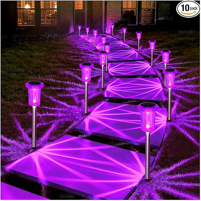 DenicMic Solar Lights Outdoor 10 Pack Waterproof Purple LED Stainless Steel Stake Outside Lights for Yard Pathway | Lumora