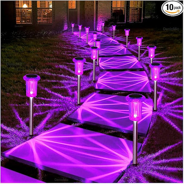 DenicMic Solar Lights Outdoor 10 Pack Waterproof Purple LED Stainless Steel Stake Outside Lights for Yard Pathway | Lumora