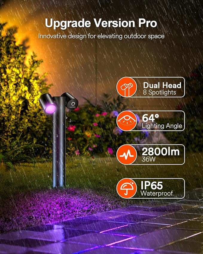 Lumary Smart Pathway Lights Pro 700LM, RGBAICW Color Changing Landscape Lights with 8 Adjustable 355° Spot Lights | Lumora