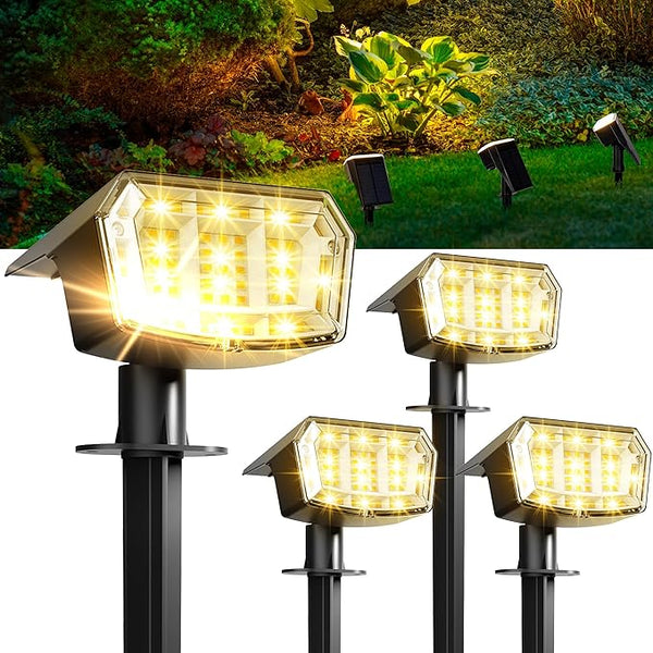 GIGALUMI Solar Spot Lights Outdoor Waterproof 4 Pack Warm White IP65, 63 LED 3 Lighting Modes Spotlights for House | Lumora