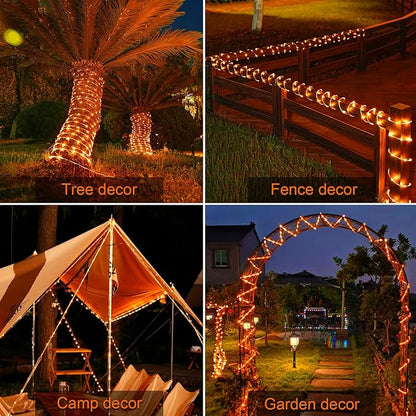 JMEXSUSS Orange Halloween Solar Lights, 66 ft 200 LED Rope Lights Outdoor Waterproof, PVC Tube Orange Christmas String Lights for Halloween Thanksgiving Fall Party Tree Fence Christmas (Pack of 2)