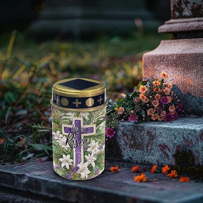 Cross Lily Print Cemetery Cross Solar Lights Solar Light Outdoor for Cemetery, LED Waterproof Solar Lights for Garden, Balcony, Yard, Memorial Gifts