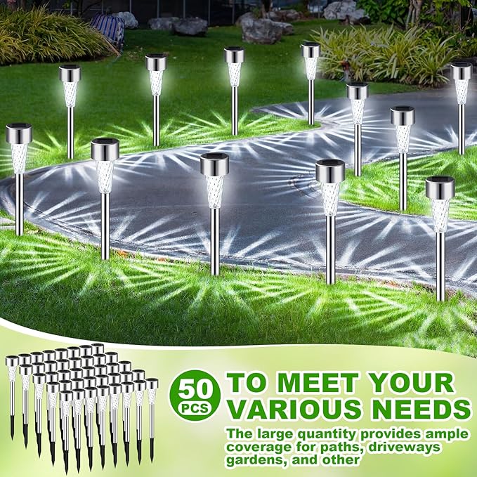 50 Pack Solar Pathway Lights Outdoor Bulk, Stainless Steel LED Path Lights, Weather Resistant Solar Stake Light with Auto On/Off Sensor for Lawn, Patio, Driveway, Walkway, Garden Path