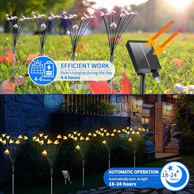 Solar Garden Lights 4 Pack, 40 Led Bee Lights 8 Lighting Modes with Remote, Firefly Lights Waterproof, Sway by Wind, Solar Outdoor Lights for Patio Walkway Pathway Backyard Lawn Flower Bed Decoration
