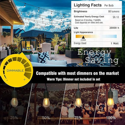 Achin Outdoor String Lights 48FT Dimmable Warm 2200K LED Patio Lights Outdoor Waterproof with 16 Plastic Bulbs Shatterproof String Lights for Outside Deck Gazebo Bistro Lights