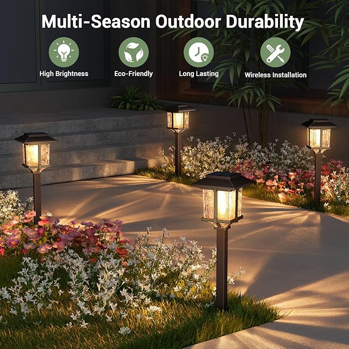 XMCOSY+ Solar Lights Outdoor Waterproof IP65 10/25 LM LED with 2 Lighting Modes 6 Pack | 15 LM Garden Lights with Metal Glass, 2-Tone Bronze & Wood (Color) Pathway Lights 4 Pack (Warm White)