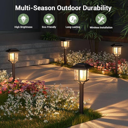 XMCOSY+ Solar Lights Outdoor Waterproof IP65 10/25 LM LED with 2 Lighting Modes 6 Pack | 15 LM Garden Lights with Metal Glass, 2-Tone Bronze & Wood (Color) Pathway Lights 4 Pack (Warm White)