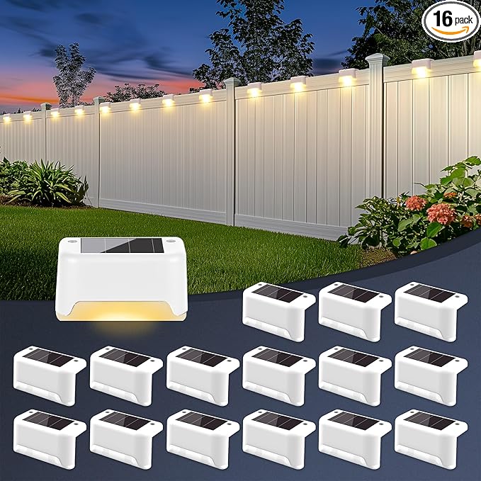Solar Deck Lights Outdoor Waterproof, Solar Powered Fence Lights for Outside Stairs, Step, Yard, Patio, Garden and Pathway Decor(Warm White) 16Pack
