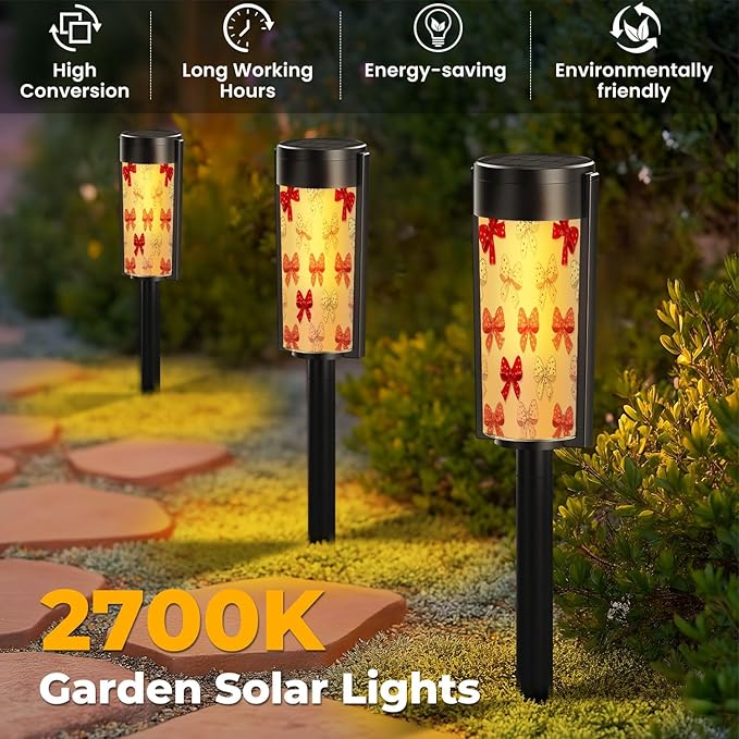 4 Pack Solar Pathway Lights Outdoor Waterproof Valentine Coquette Bow Heart Seamless Red Pink White Holiday Ribbon Solar Garden Lights LED Landscape Lighting for Yard Walkway Lawn Garden Decor
