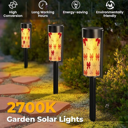 4 Pack Solar Pathway Lights Outdoor Waterproof Valentine Coquette Bow Heart Seamless Red Pink White Holiday Ribbon Solar Garden Lights LED Landscape Lighting for Yard Walkway Lawn Garden Decor