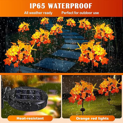 Fall Solar Lights Outdoor Decorative, 4Pack 80LED Solar Fall Lights Waterproof for Yard & Garden,Fall Outdoor Decorations for Yard, Maple Leaf Thanksgiving Halloween Christmas Grave Décor (4 Pack)