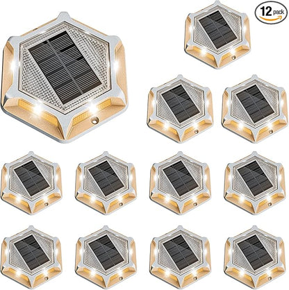 VOLISUN Solar Driveway Lights Dock Outdoor Waterproof Marker Lights,12 Pack Solar Deck Lights 2 Colors in 1 Led Wireless IP67,Solar Deck Lights for Sidewalk Pathway Yard(White/Warm White),Auto On/Off