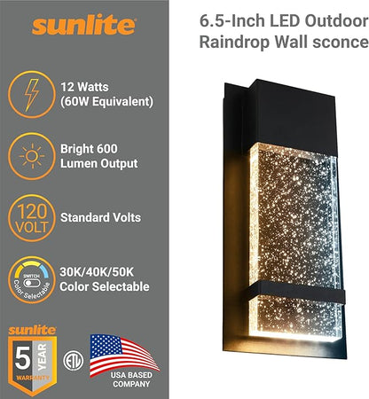 Sunlite 6.5-Inch LED Outdoor Raindrop Wall Sconce Light Fixture, 12 Watts (60W=), 600 Lumens, Color Selectable 30K/40K/50K, Dimmable, 120V, ETL Listed, Black, for Patios, Garage & Entryway Use