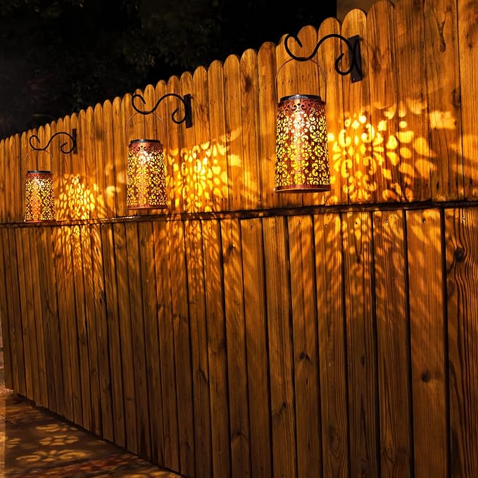 4 Pack Solar Hanging Lanterns Outdoor, 2 Modes Adjustable White & Warm Light, Auto On/Off Metal Waterproof Solar Lights for Patio Garden Wall & Tabletop Decor