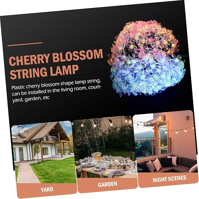 Solar Powered Cherry Blossom String Lights Outdoor LED Flower-Shaped Patio String Lamp with Lighting Modes for Garden Wedding Festival Decoration