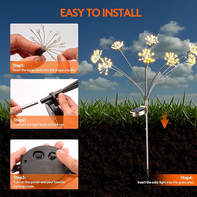 Solar Garden Lights, Firework Starburst Ground Plug Lights 2 Packs, 160 LED Solar Powered Waterproof Firefly Light for Outdoor Garden, Patio, Yard, Flowerbed Decor, Warm White