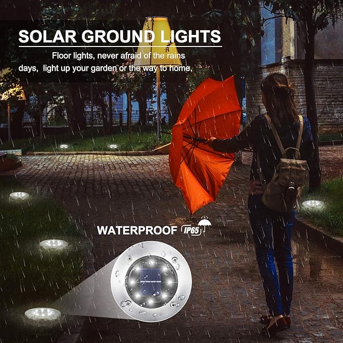 LYHOPE Solar Ground Lights Outdoor, 8 Pack 8 LED Solar Disk Lights Waterproof Garden In-ground Pathway Light | Lumora