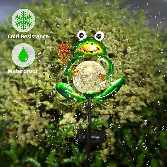 Litake Solar Garden Lights Frog Garden Outdoor Decorations Solar Lights Waterproof Crackle Glass Globe Metal Garden Stake Lights Warm White for Patio, Path, Yard, Lawn