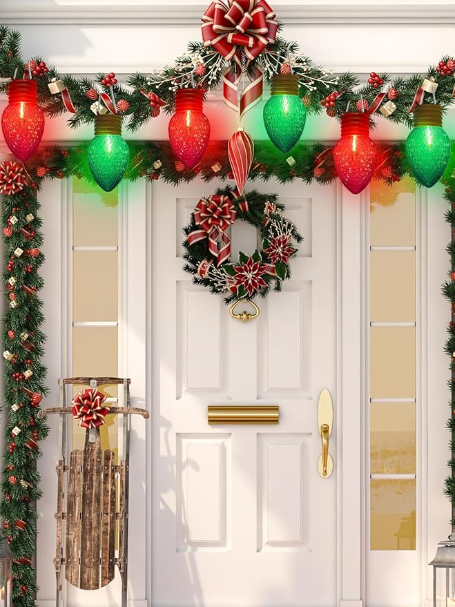 Red and Green Jumbo Christmas Lights, 16FT Big Bulb Christmas Lights with 10 Count 5'' Diamond Red Green LED Bulbs for Xmas Roofline Patio Backyard Decorations