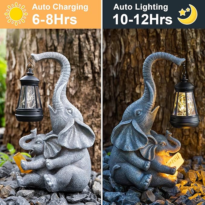 Solar Garden Statue Lights Loving Elephants Figurine with Solar Lantern, Outdoor Yard Decorations for Patio Porch | Lumora