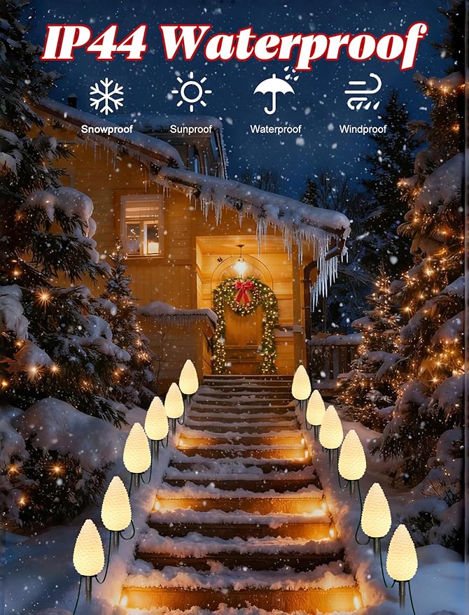 Christmas C9 Pathway Lights 7FT Pinecone, LED with 4 Stakes Connectable Holiday Commercial Warm White Light Decoration UL Listed - Green Wire