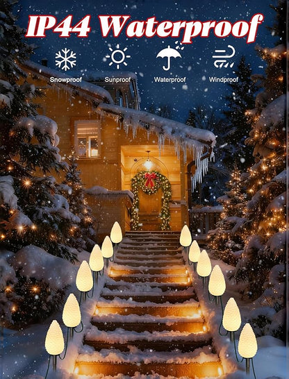 Christmas C9 Pathway Lights 7FT Pinecone, LED with 4 Stakes Connectable Holiday Commercial Warm White Light Decoration UL Listed - Green Wire