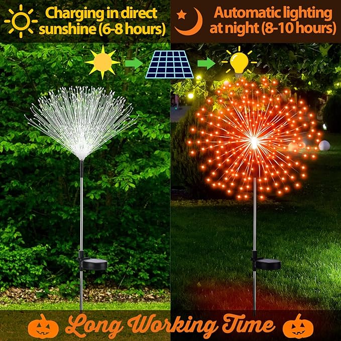 4 Pcs Christmas Solar Decoration Outdoor Orange Solar Firework Lights 180 LED 8 Modes Waterproof LED Stake Sparkler Decor for Holiday Walkway Pathway Garden Driveway Path Lawn Yard (Orange)
