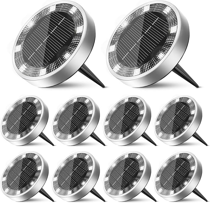 10 Pack Solar Ground Lights Outdoor, 8 LED Mini Flat Solar Disk Lights, IP65 Waterproof Anti-Rust Disc Light | Lumora