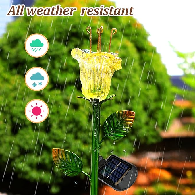 Solar Decorative Flowers 2 Pack - Waterproof Yellow Glass Lily Flower Lights, Auto ON/OFF for Garden, Patio, Backyard