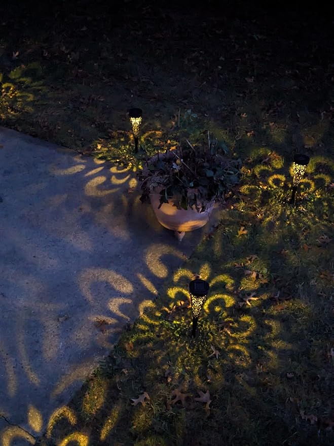 EX ELECTRONIX EXPRESS 6 Pack Solar Charging Decorative Walkway Patio Lawn Lights - Warm Yellow Subtle Pattern Lighting - Automatic On at Dusk and Off at Sunrise - Weatherproof Black Plastic