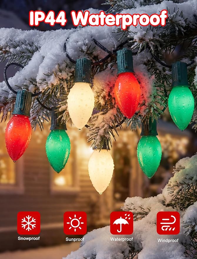 C9 Red Green White Christmas Lights, 25FT Multicolor Christmas Decorations String Lights with 26 Ceramics Bulbs | Lumora