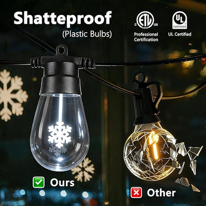 LED Outdoor String Lights, 50FT Patio Lights with 16Pcs Shatterproof S14 Bulb(1 Spare),4 Lighting Mode, Connectable, Waterproof White Edison Plastic Bulb Hanging Light for Yard Gazebo Porch Décor