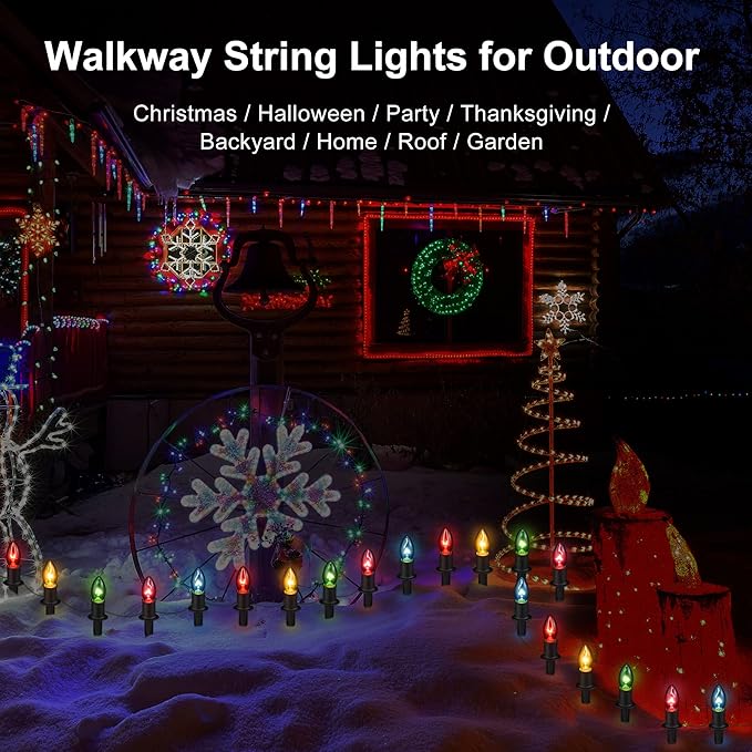 Christmas Lights Outdoor 20 Pathway Lights - 24.2ft Multicolor Walkway Light with Stakes, C9 Driveway Light for Outside Yard Garden, Extendable for Xmas Holiday Decorations, 20 Lights
