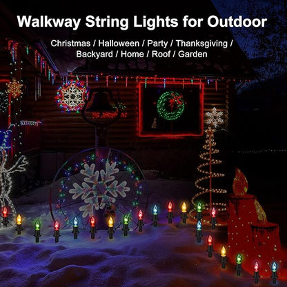 Christmas Lights Outdoor 20 Pathway Lights - 24.2ft Multicolor Walkway Light with Stakes, C9 Driveway Light for Outside Yard Garden, Extendable for Xmas Holiday Decorations, 20 Lights