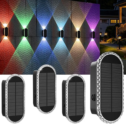Solar Fence Lights Outdoor, Warm White & RGB 8 Modes Solar Wall Lights Outdoor Waterproof, Up&Down Dual-Head Outdoor Solar Lights for Yard House Fence Backyard Deck Garden Patio Porch, 4 PK