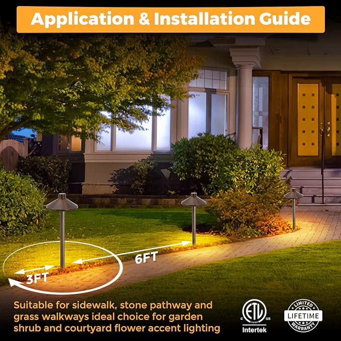 Gardencoin Solid Brass Low Voltage Pathway Lights (6.7'' Shade, 21.9'' Tall), 12V AC/DC Heavy Duty LED Landscape Path Lights Outdoor Wired, Antique Bronze Walkway Lights with Larger Stake, 4-Pack