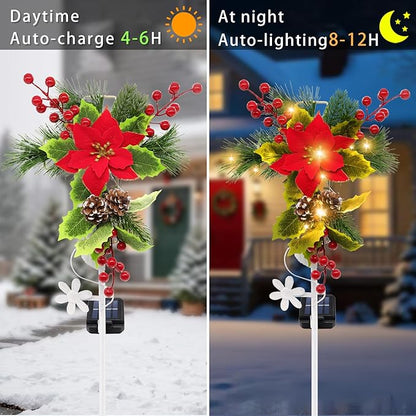 Solar Christmas Decorations Outdoor, 4 Pack 32 Inch Solar Christmas Cross Stake Lights, Waterproof Grave Decorations with Poinsettia Flower Pinecones Red Berries for Garden Yard Patio Lawn Cemetery