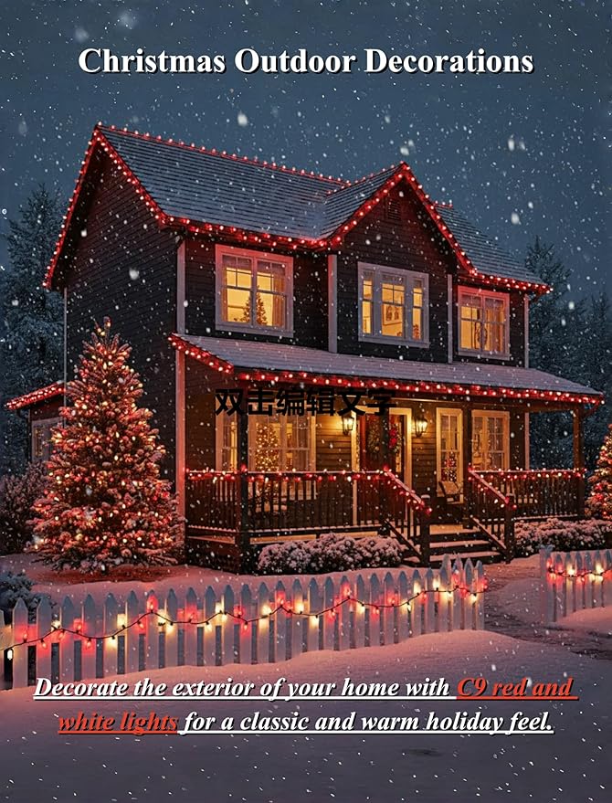 25FT C9 Christmas Lights Outdoor,Red and White C9 Christmas Lights with 26 Ceramic Bulbs(1 Spare), Connectable Incandescent Xmas Light for Indoor Outdoor Party Home Decor,Green Wire