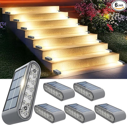 Solar Step Lights for Outside, 6-Pack Stair Light Outdoor Waterproof IP67, 14 LED Warm White Light Solar Powered Lighting for Steps, Stairs, Deck，Patio, Walkway, Front Porch Decor