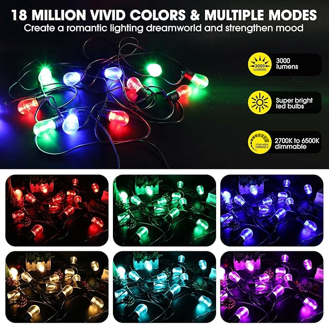 2023 Upgraded Outdoor String Lights, DIY Color Changing RGB Bright Smart Light 50ft Work with Alexa & Remote for Party, IP65 Waterproof Outside Patio String Light with 15 Dimmer LED Bulbs