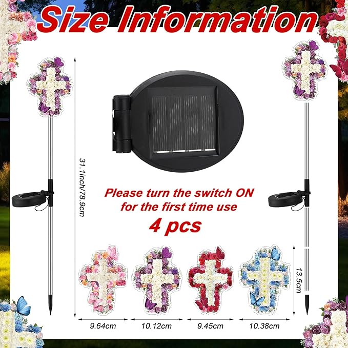 Retisee 4 Pack Easter Flowers Cross Garden Stake Solar Lights Decoration Outdoors Cemetery Yard Decor Jesus Cross Sympathy Memorial Gift Waterproof for Garden Lawn Patio Pathway Decor