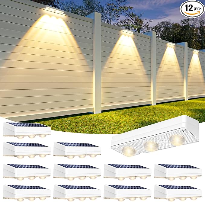 Solar Fence Lights Outdoor,1300mAh, 12pack,Warm/Natural/Cool White,IP65 Waterproof,Fence Lights Solar Powered,Solar Lighting for Deck, Backyard, Railing(White)