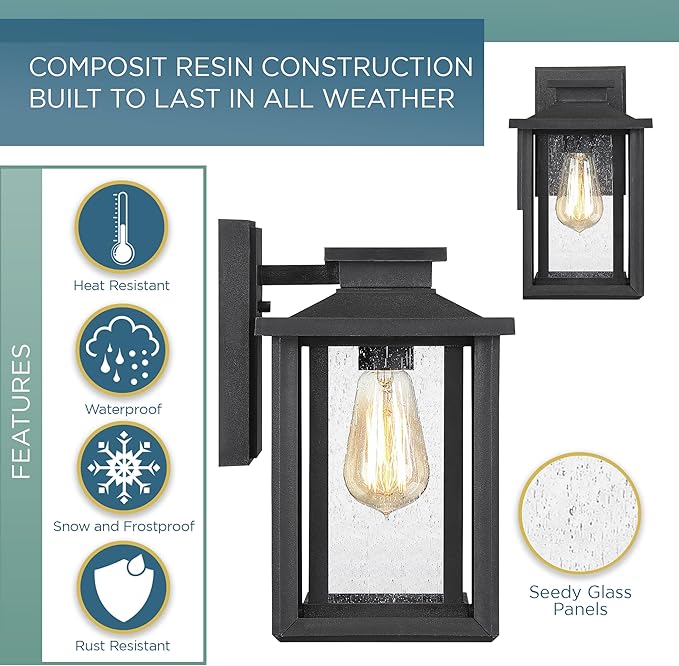 Quoizel Wakefield Vintage Wall Sconce, Coastal Armour 11 Inch 1-Light Earth Black Wall Lantern, Clear Seedy Glass Light Fixtures, 100W Medium Base Bulb, Outside Lights for Patio, Porch or Garage