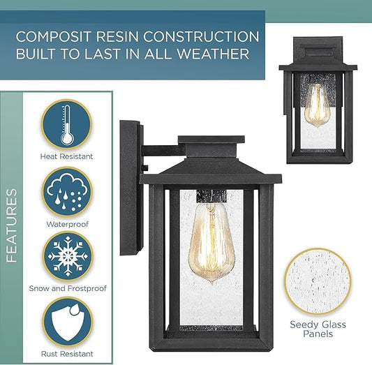 Quoizel Wakefield Vintage Wall Sconce, Coastal Armour 11 Inch 1-Light Earth Black Wall Lantern, Clear Seedy Glass Light Fixtures, 100W Medium Base Bulb, Outside Lights for Patio, Porch or Garage
