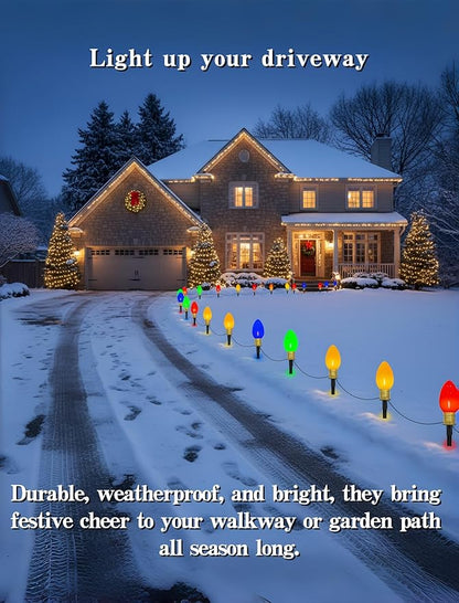C9 LED Pathway Lights 7Ft Christmas Pathway Lights, Multicolor Walkway Light Outdoor with 4 Marker Stakes Connectable Holiday Commercial Christmas Decoration UL Listed - Green Wire