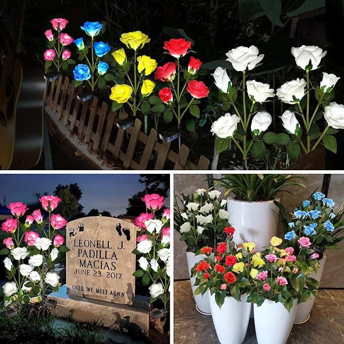 Solar Garden Lights, Solar Outdoor Lights with More Realistic 10 Rose Waterproof Solar Powered Flowers for Outside Patio Yard Pathway Decorations, 2 Pack White