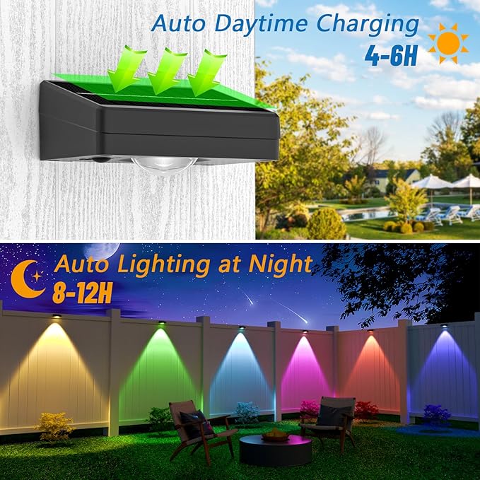 NIORSUN Solar Fence Lights Outdoor Waterproof,Warm & Cool White RGB,12 Pack LED Spot Lens Deck Lights 9 Mode,Solar Powered Wall Lighting Decor for Outside Patio Step Backyard Railing Pool Black