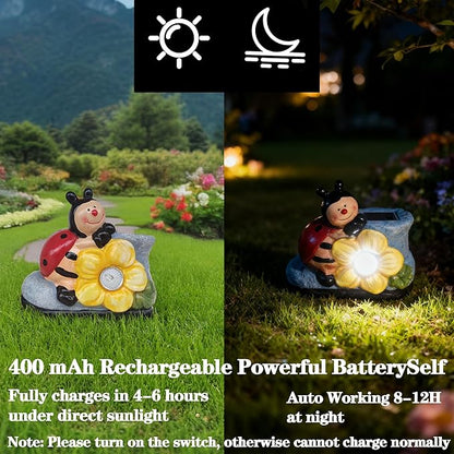 WYQF501 Solar Outdoor Light – Unique Ladybug and Shoe Design, Durable Resin Landscape Light for Pathways and Steps