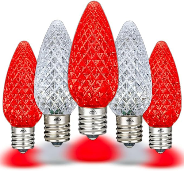 Novelty C9 LED Faceted Ultra Bright Dimmable Outdoor Christmas Light Replacement Bulbs, 25PK (Red/Pure White) | Lumora